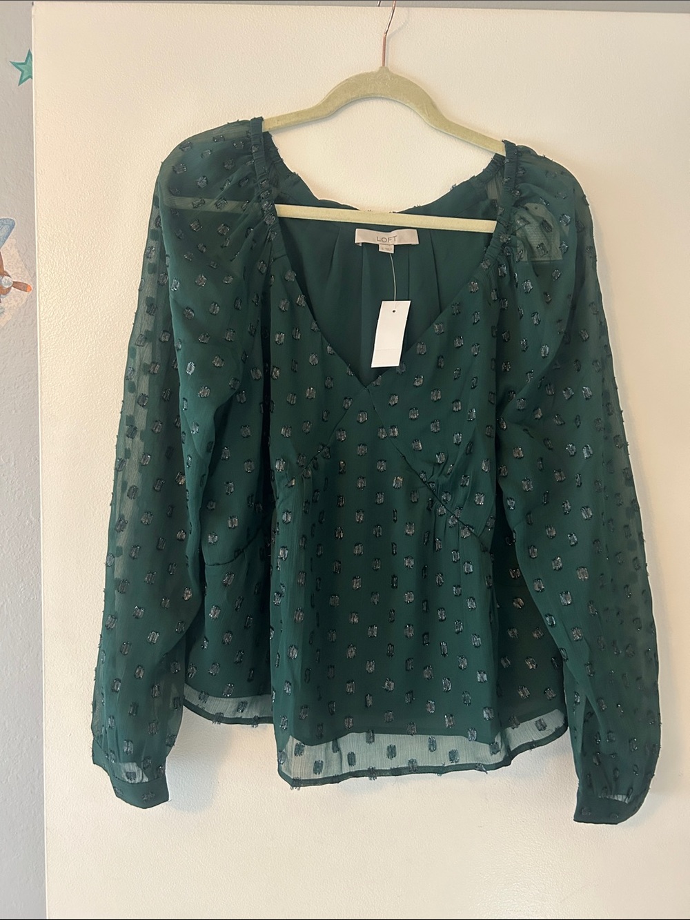 LOFT Emerald Green Sheer V-Neck Long Sleeve Blouse